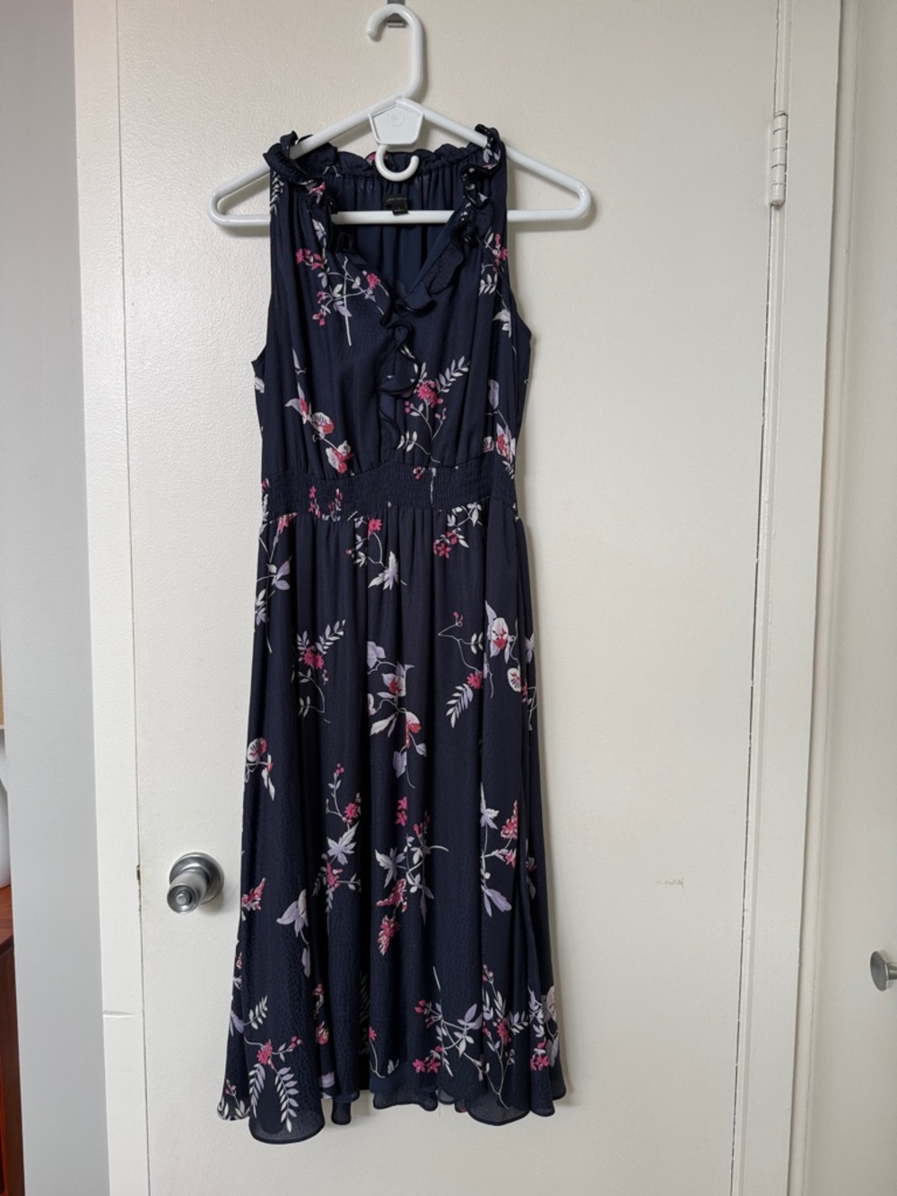 Ann Taylor Navy Floral Ruffle-Trim Midi Dress